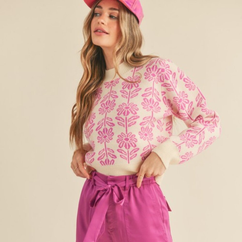 Cropped Pink Floral Sweater  Soft Knit Pullover  Cozy Style